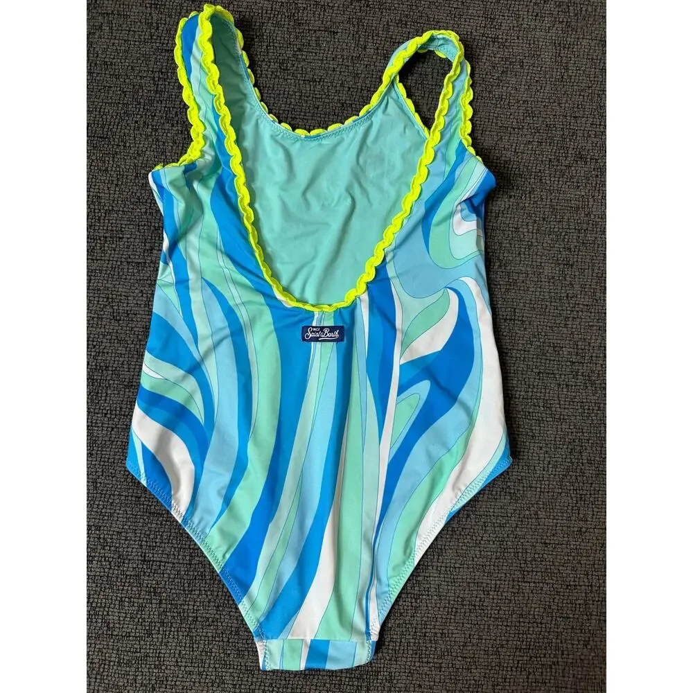 MC2 Saint Barth Girls Blue Wave Print Logo Swimsuit size 12 Made in Italy